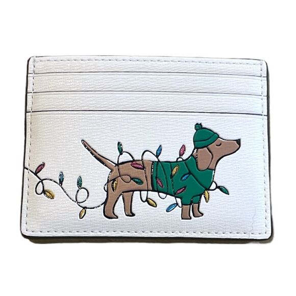 Kate Spade Small Slim Claude Dachshund Christmas Lights Card Case Wallet Cream - Picture 3 of 6